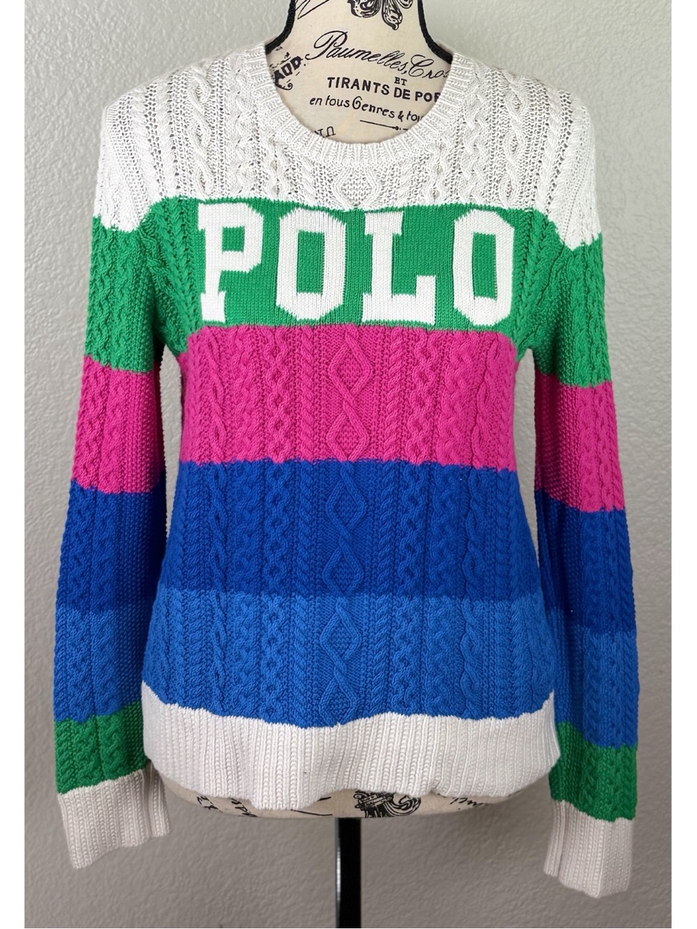 Polo Ralph Lauren Y2K Multicolor Striped Cable-Knit Pullover Sweater Small - Picture 7 of 14